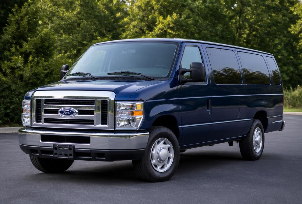 Blue Ford E-Series 15-passenger van operated by Platinum Charter & Tours